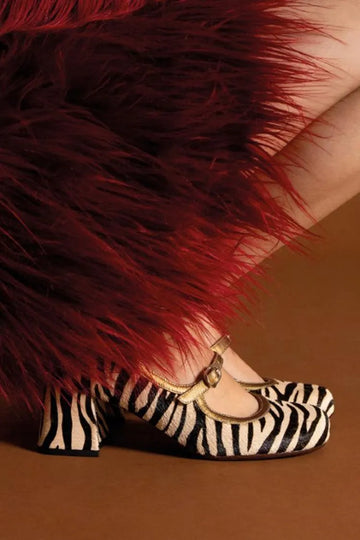 Zebra Print Instep Strap Buckle Round Toe Beige Chunky Heels
