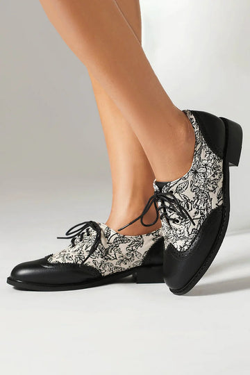 Floral Pattern Canvas Patchwork Lace Up Round Toe Casual Oxfords