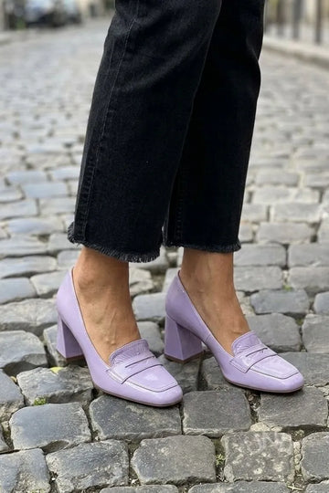 Chic Lavender Patent Block Heel Square Toe Loafers