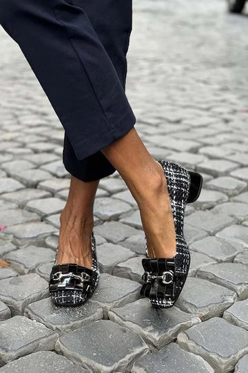 Patchwork Fringe Metal Buckle Square Toe Black Low Heels
