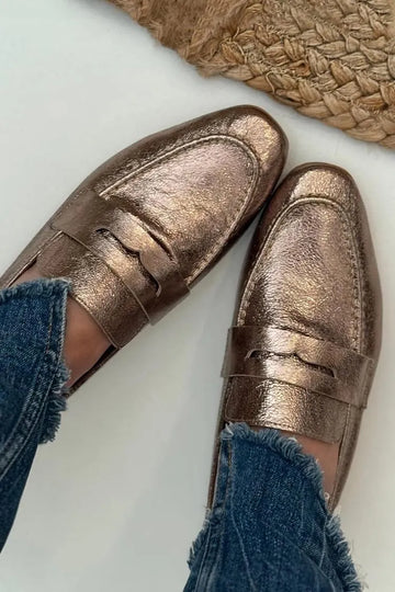 Metallic Sheen Patchwork Square Toe Champagne Loafers