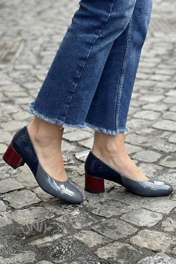 Chic Dark Gray Patent Leather Round Toe Block Heels