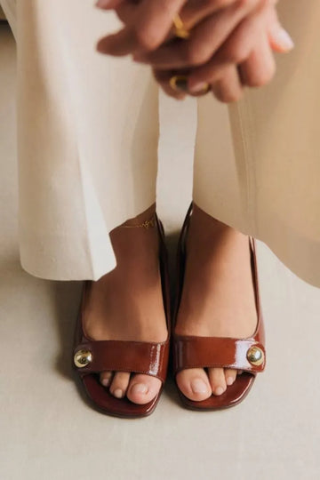 Retro Burgundy Patent Leather Gold Button Slingback Sandals