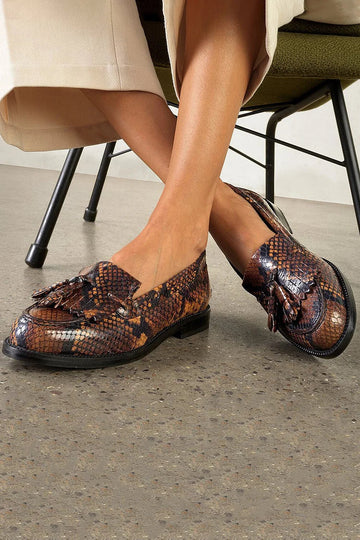 Snake Print Fringed Trim Round Toe Brown Loafers
