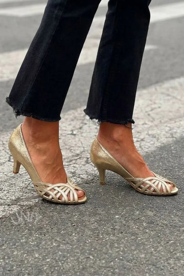 Elegant Pale Gold Shimmer Lattice Strappy Kitten Heels
