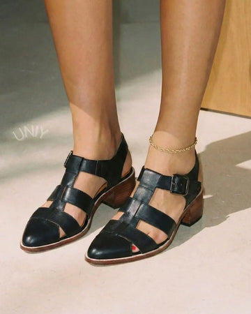 Black Leather Pointed Toe Cage Strap Block Heel Sandals