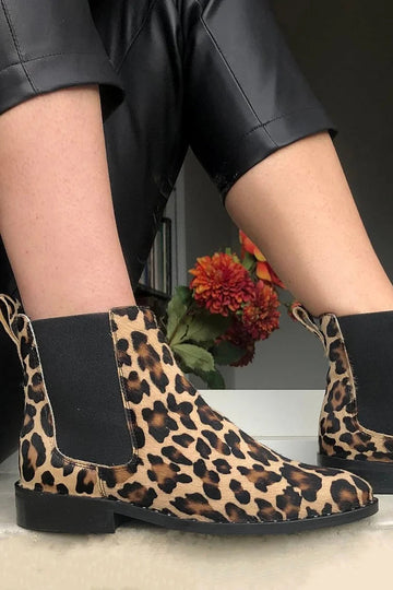 Patchwork Pointed Toe Leopard Print Khaki Ankle Boots