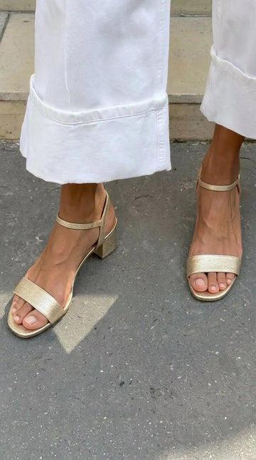 Metallic Open Toe Ankle Strap Gold Block Heels