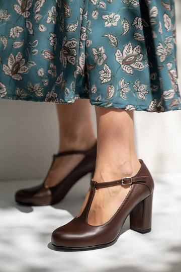 T-Strap Buckle Solid Color Dark Brown Chunky Heels
