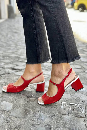 Instep Strap Buckle Open Toe Slingback Red Chunky Heels