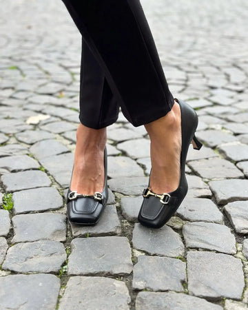 Black Square Toe Stiletto Loafers Metal Buckle Heels