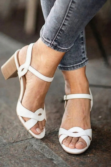 White Leather Crisscross Cut-Out Ankle Strap Block Heel Sandals
