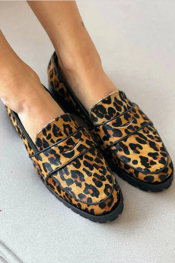 Leopard Print Round Toe Patchwork Casual Brown Loafers