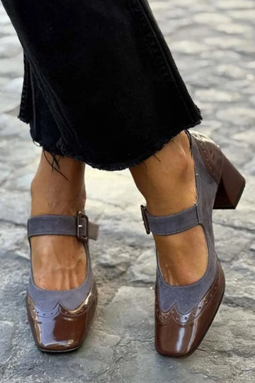 Colorblock Square Toe Buckle Instep Strap Dark Brown Chunky Heels