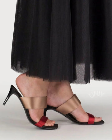 Elegant Satin Bicolor Peep Toe Stiletto Heel Strappy Mules