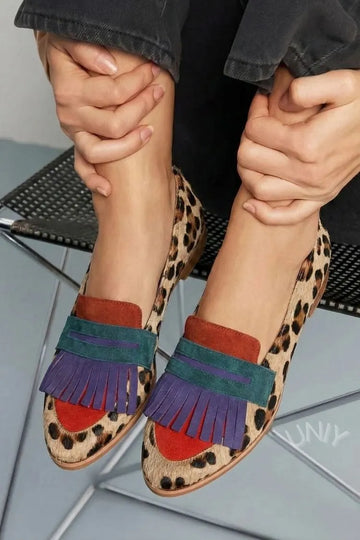 Leopard Print Suede Patchwork Tassel Slip-On Loafers