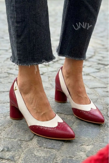 Vintage Coloblock Brogue Pointed Toe Block Heel Pumps