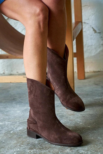 Solid Color Round Toe Low Block Heel Dark Brown Mid Boots