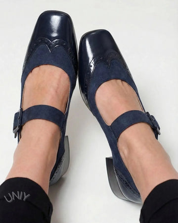 Stylish Navy Color Block Strap Square Toe Block Heels