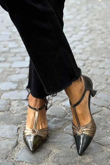 Two-Tone Pointed Toe T-Strap Black Kitten Heels