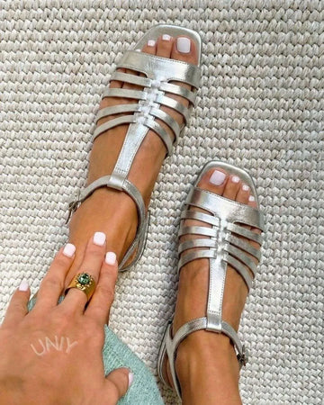 Silver Metallic T-Strap Square Toe Fisherman Flat Sandals