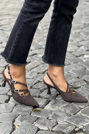 Multi Straps Buckles Pointed Toe Dark Brown Stiletto Heels