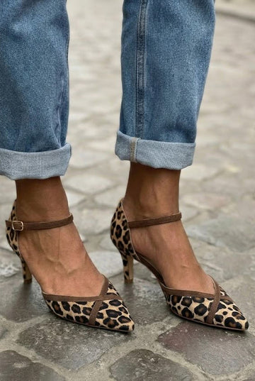 Leopard Print Pointed Toe Ankle Strap Brown Kitten Heels