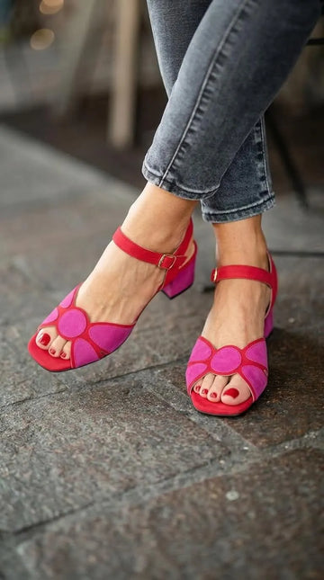 Pink Red Scalloped Peep Toe Ankle Strap Block Heels