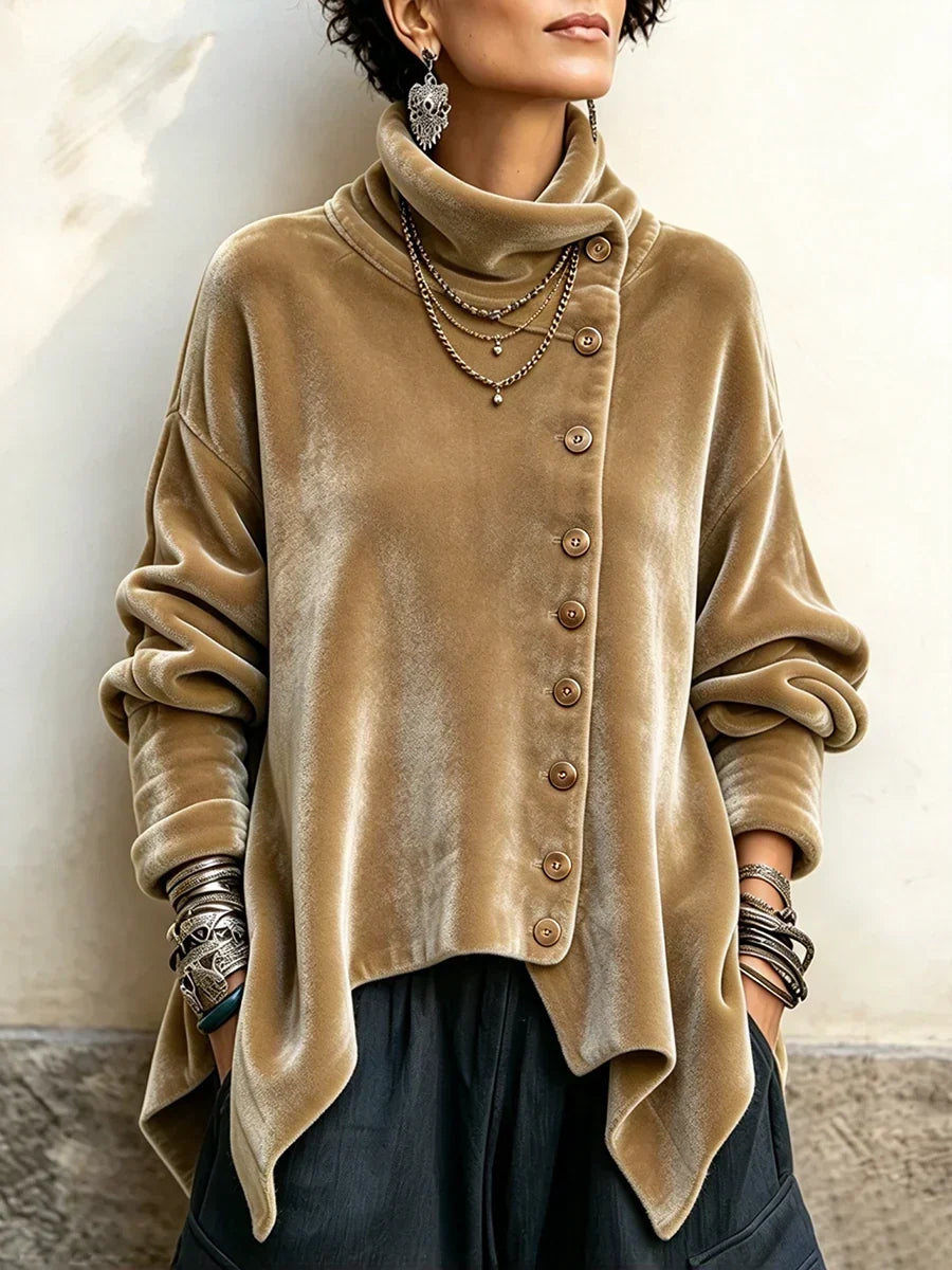 🤲LAST DAY SAVE 49% ⏰Chic Velvet Asymmetric Button Turtleneck Top