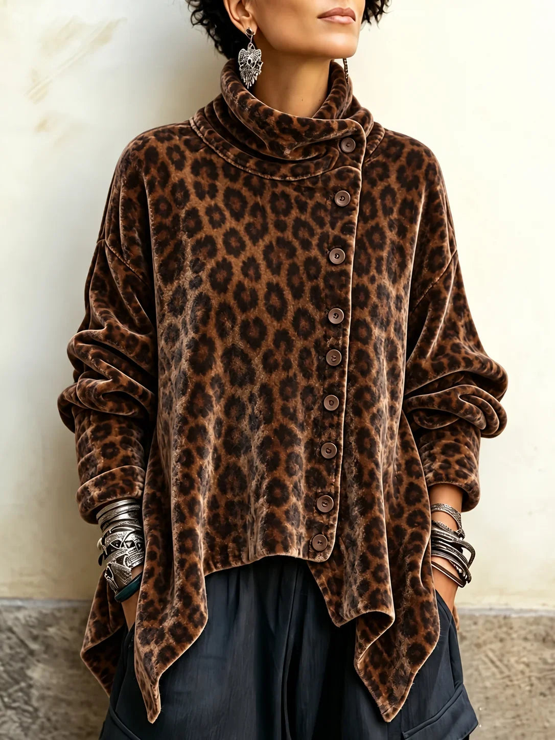 🤲LAST DAY SAVE 49% 🐆 Leopard Velvet Asymmetrical Button Top – Cozy, Flattering & Effortlessly Chic