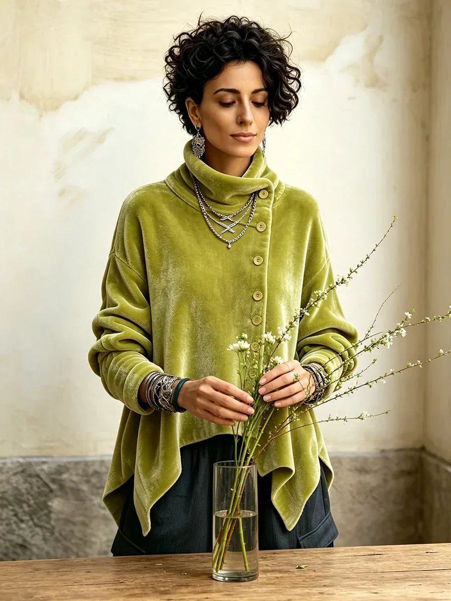 🤲LAST DAY SAVE 49% ⏰Chic Velvet Asymmetric Button Turtleneck Top