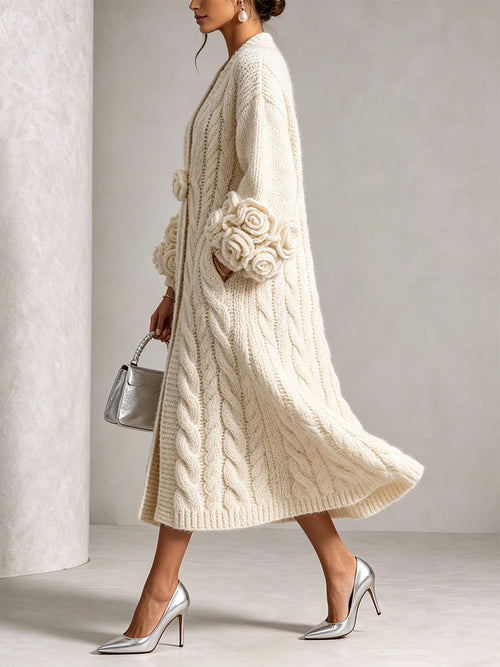🤲LAST DAY SAVE 49% ⏰Chic Cream Floral Accented Cable-Knit Cardigan